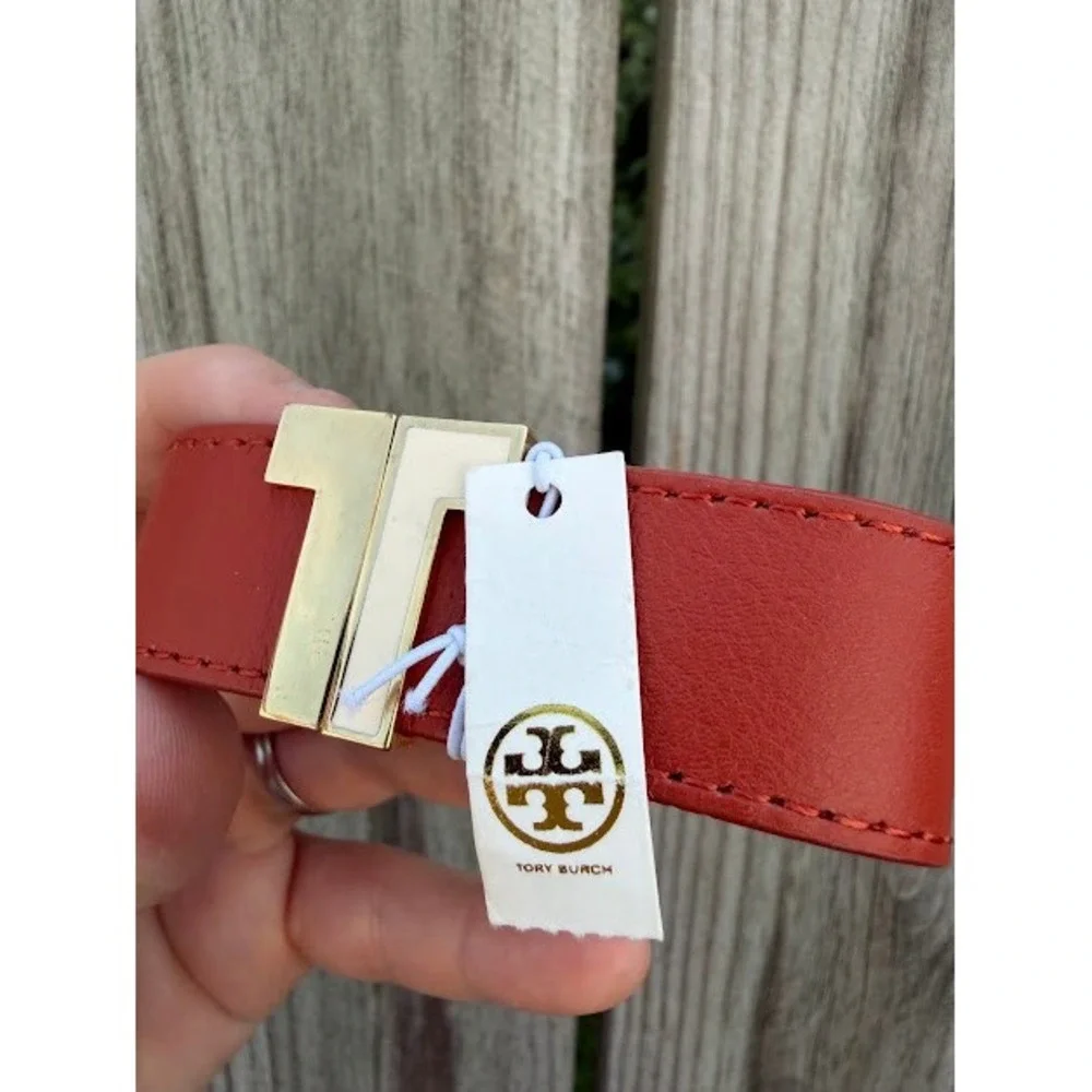 Designer Luxury Preppy Tory Burch Split-T Bracelet OS Orange Gold Leather Cuff